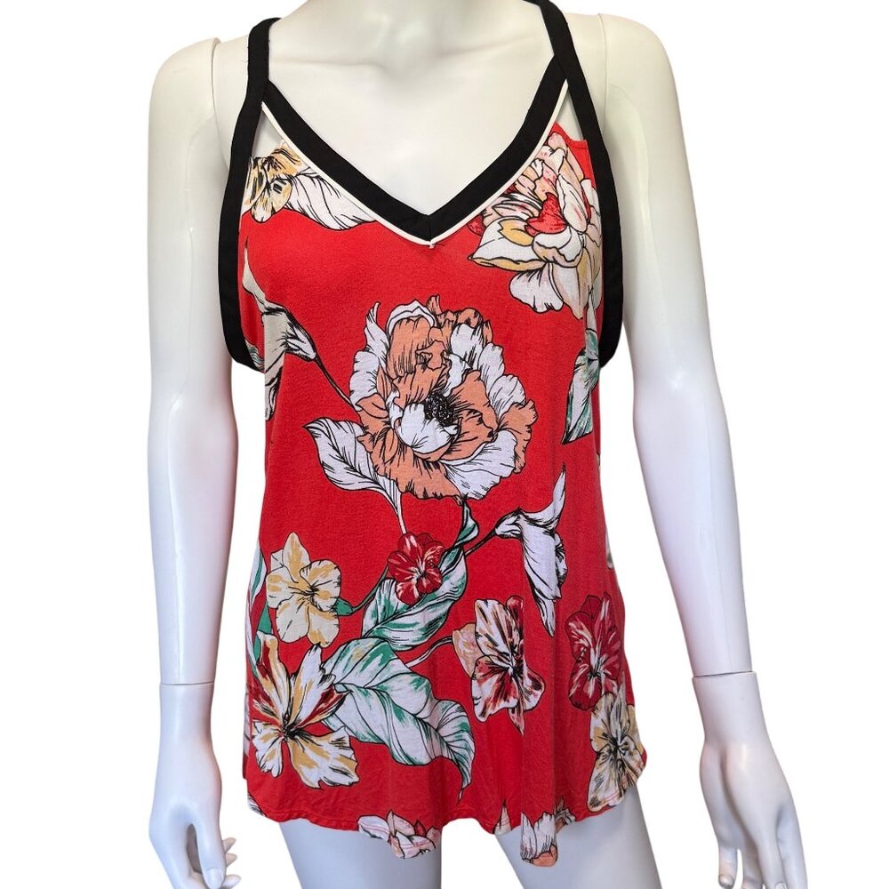 Candies Y2K Orange Red Floral Sleeveless V-Neck Tank Top w/ Black Trim Womens L